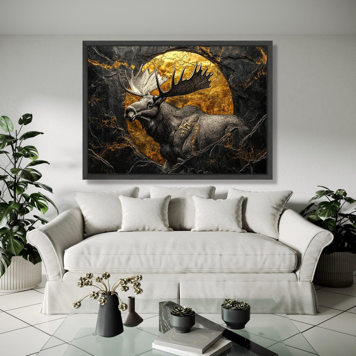 Majestic Moose Canvas Wall Art, Gold Circle Accent, Wildlife Nature Decor, Rustic Animal Canvas, Forest Lodge Gift Art, Home Decor, Print