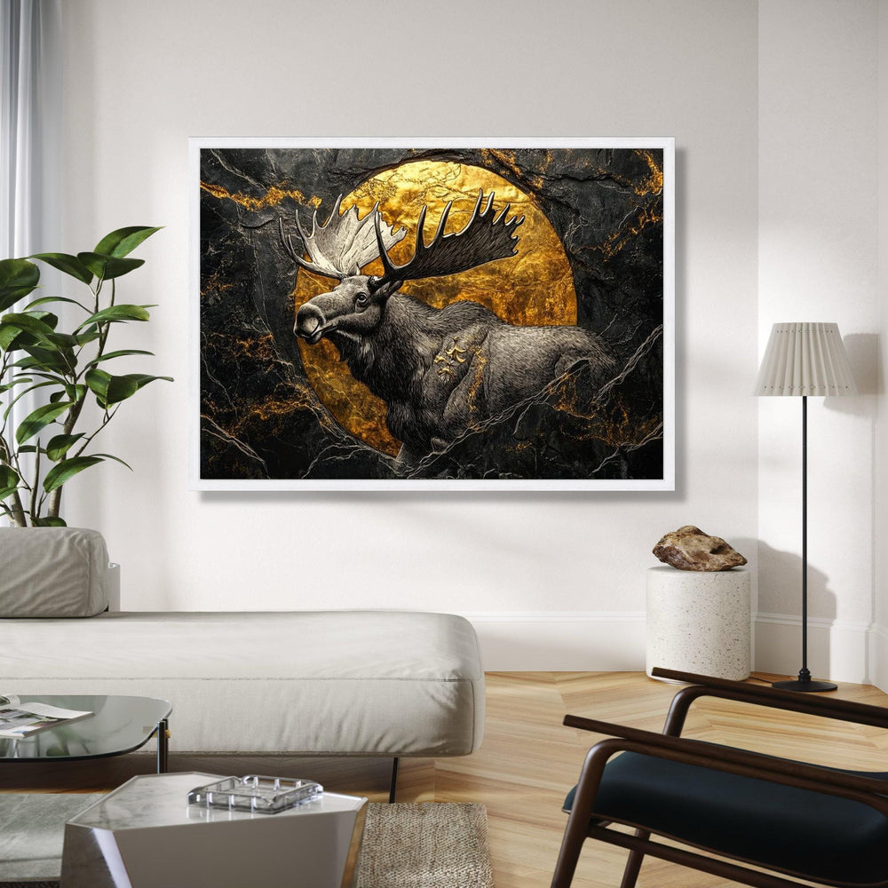 Majestic Moose Canvas Wall Art, Gold Circle Accent, Wildlife Nature Decor, Rustic Animal Canvas, Forest Lodge Gift Art, Home Decor, Print