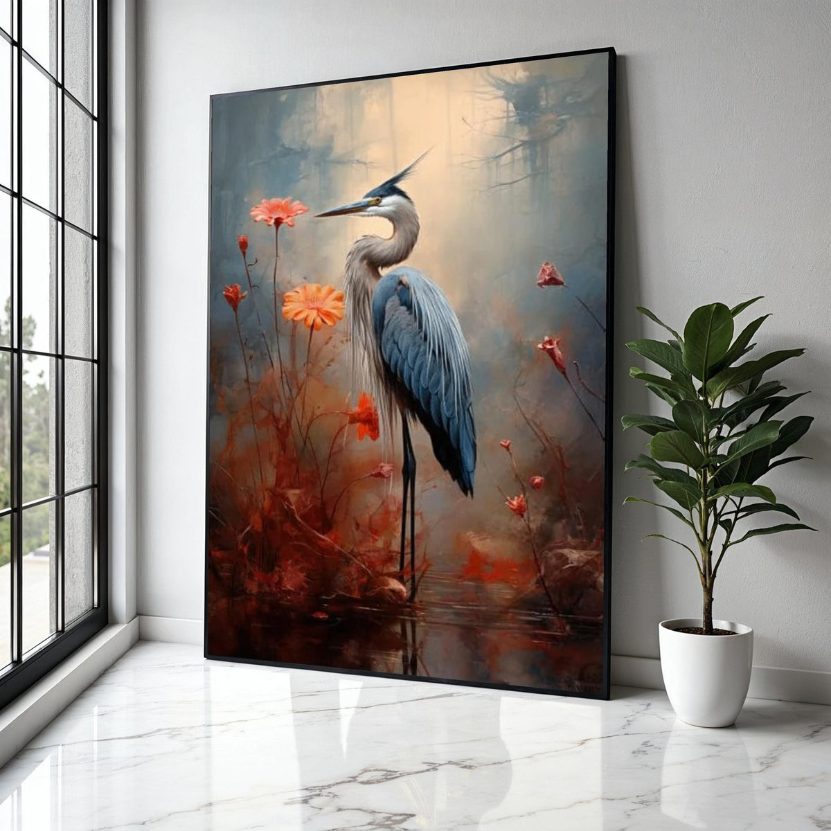 Elegant Great Blue Heron Canvas Wall Art, Nature Bird Painting, Floral Wildlife Decor, Tranquil Marsh Landscape, Gift Art, Home Decor, Print