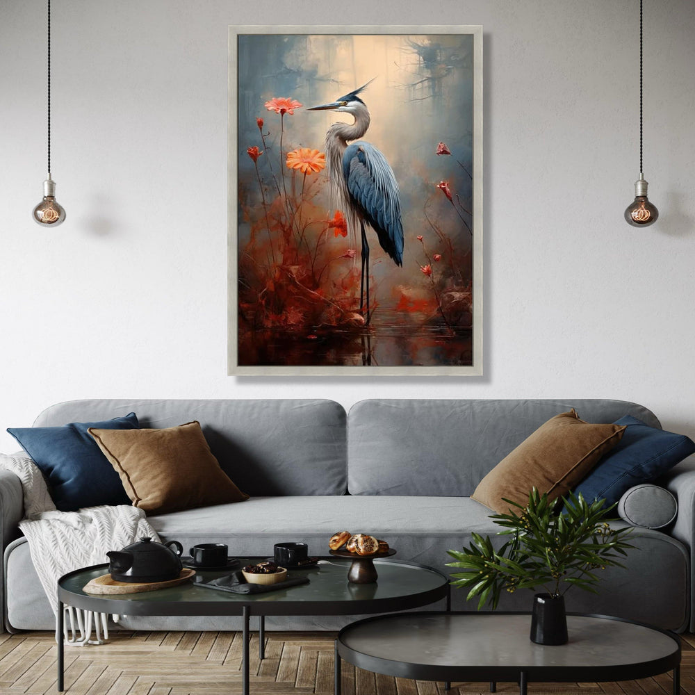 Elegant Great Blue Heron Canvas Wall Art, Nature Bird Painting, Floral Wildlife Decor, Tranquil Marsh Landscape, Gift Art, Home Decor, Print
