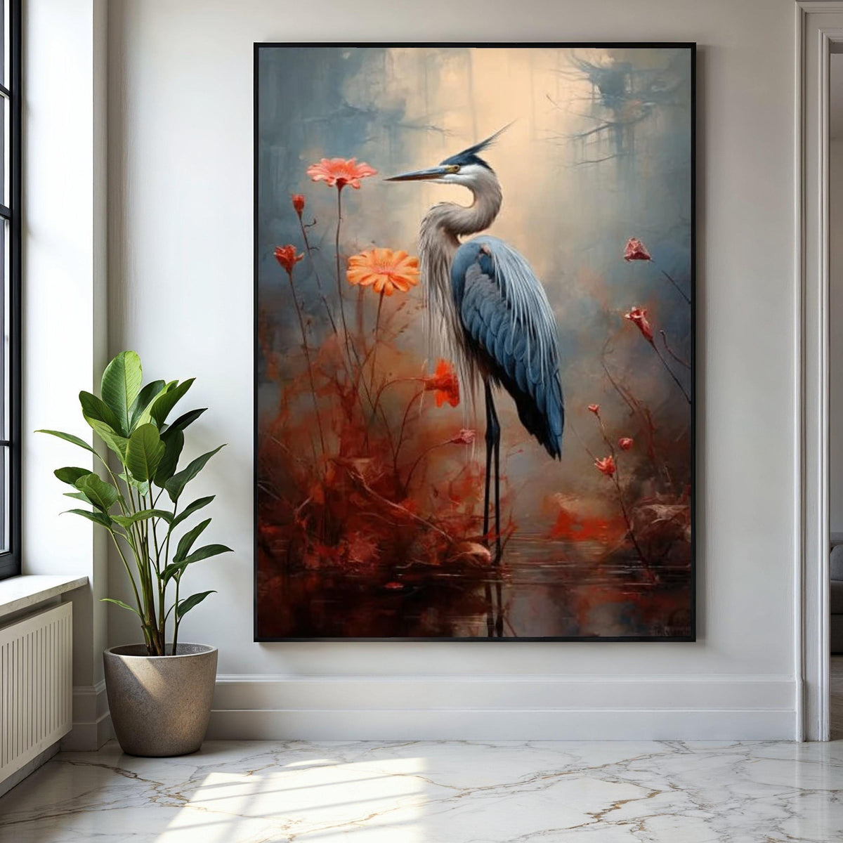 Elegant Great Blue Heron Canvas Wall Art, Nature Bird Painting, Floral Wildlife Decor, Tranquil Marsh Landscape, Gift Art, Home Decor, Print