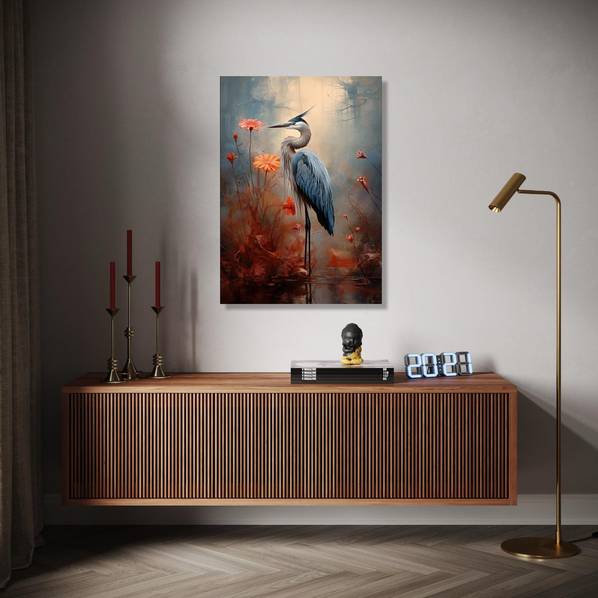 Elegant Great Blue Heron Canvas Wall Art, Nature Bird Painting, Floral Wildlife Decor, Tranquil Marsh Landscape, Gift Art, Home Decor, Print