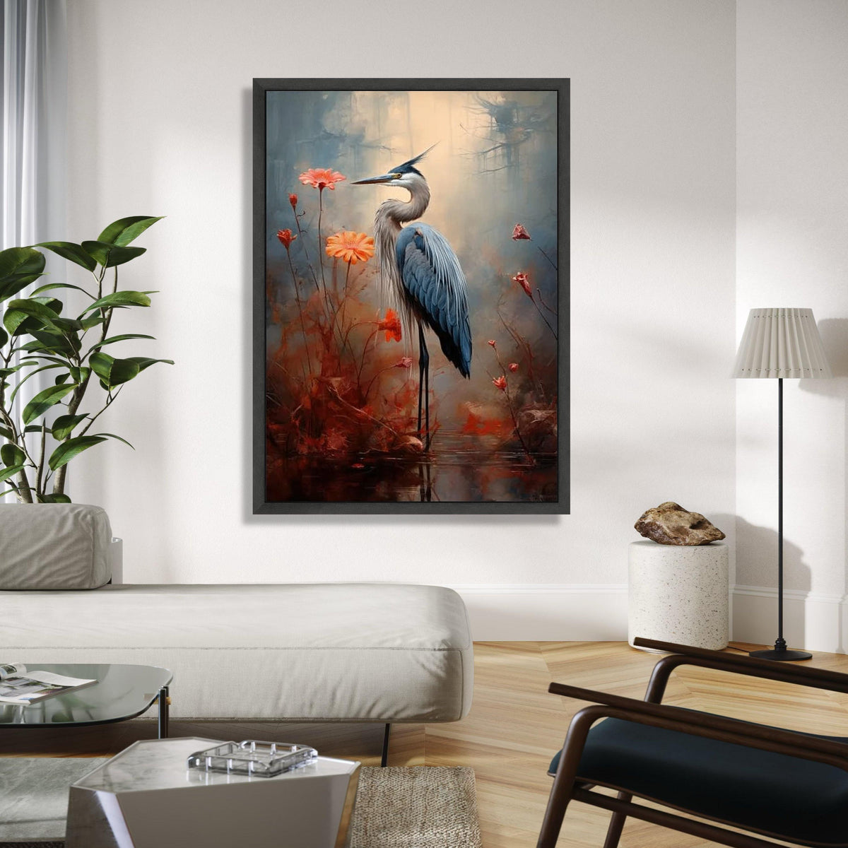 Elegant Great Blue Heron Canvas Wall Art, Nature Bird Painting, Floral Wildlife Decor, Tranquil Marsh Landscape, Gift Art, Home Decor, Print