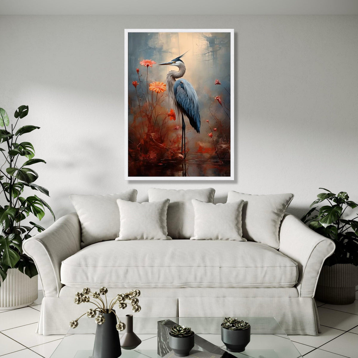 Elegant Great Blue Heron Canvas Wall Art, Nature Bird Painting, Floral Wildlife Decor, Tranquil Marsh Landscape, Gift Art, Home Decor, Print