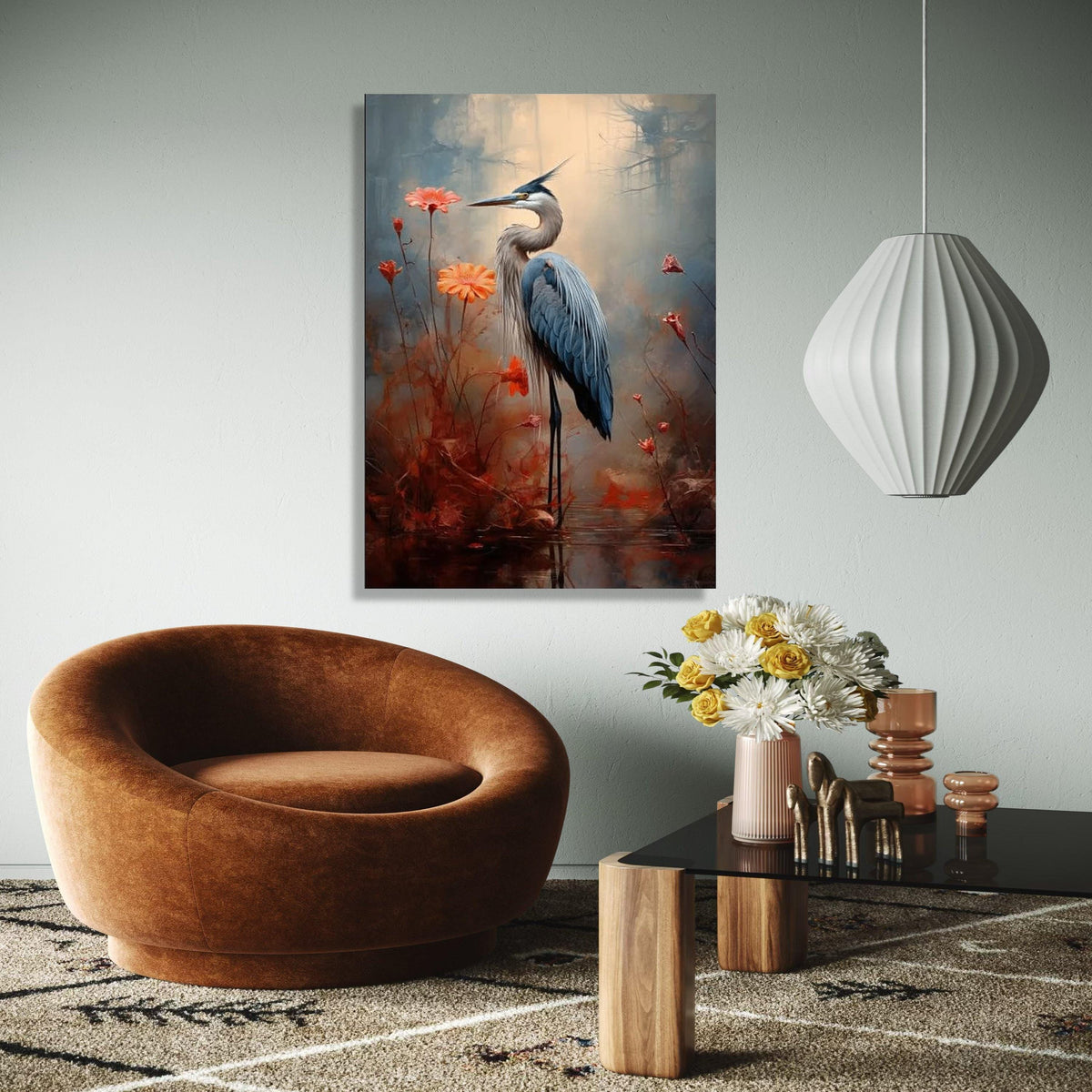 Elegant Great Blue Heron Canvas Wall Art, Nature Bird Painting, Floral Wildlife Decor, Tranquil Marsh Landscape, Gift Art, Home Decor, Print