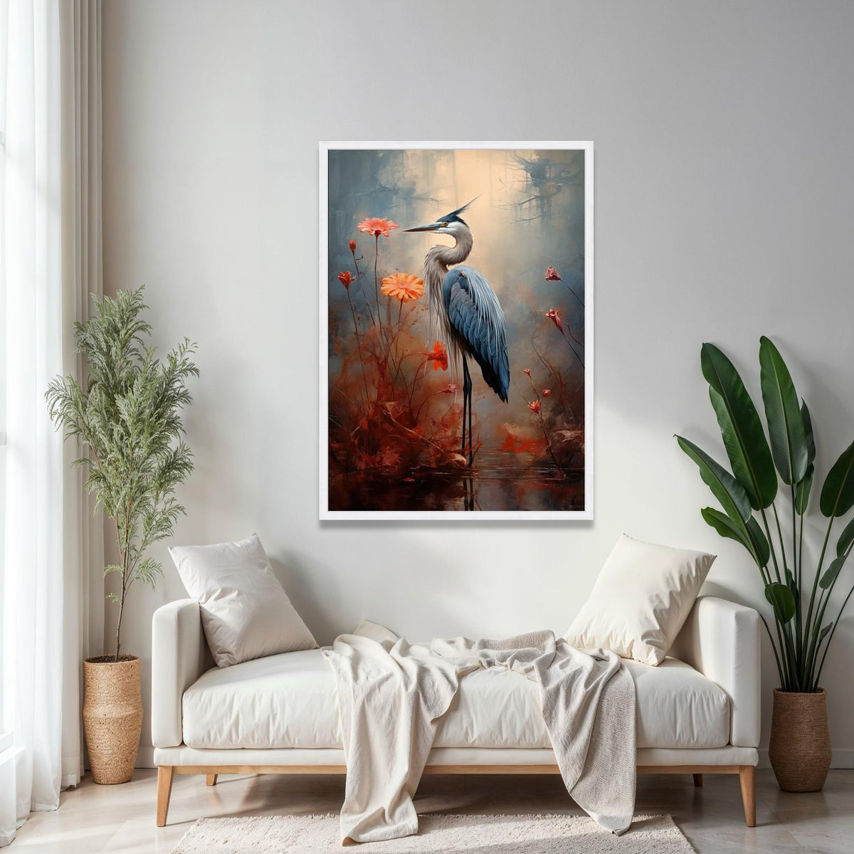 Elegant Great Blue Heron Canvas Wall Art, Nature Bird Painting, Floral Wildlife Decor, Tranquil Marsh Landscape, Gift Art, Home Decor, Print