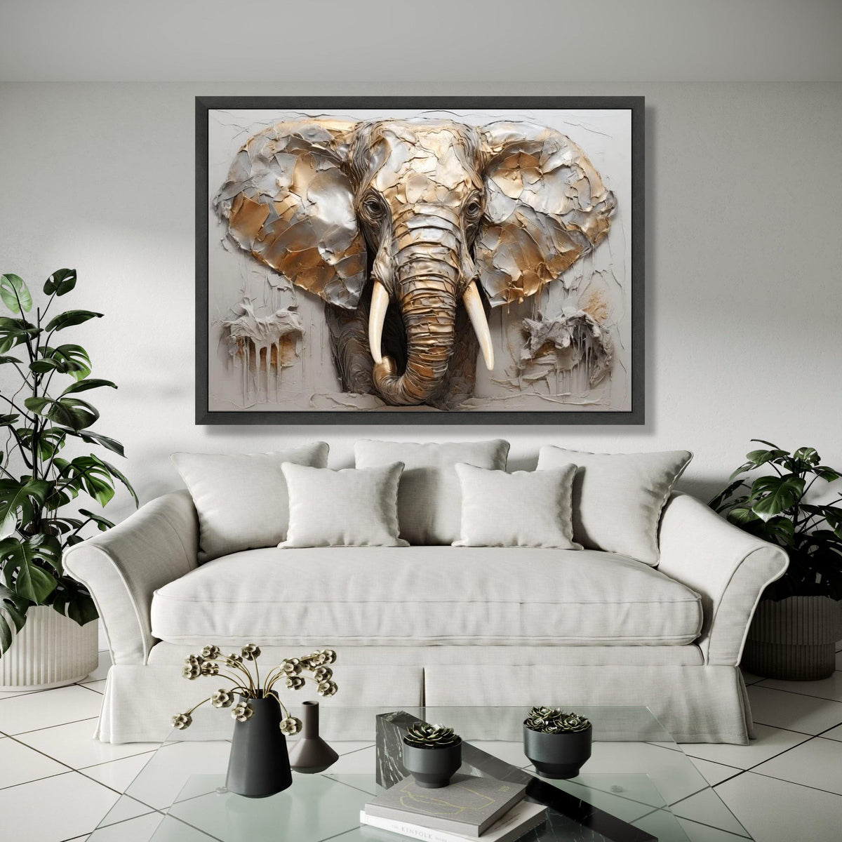 Majestic Elephant Head Canvas Wall Art, Animal Portrait, Safari Wildlife Decoration, 3D Style Neutral Tones Gift Art, Home Decor, Print