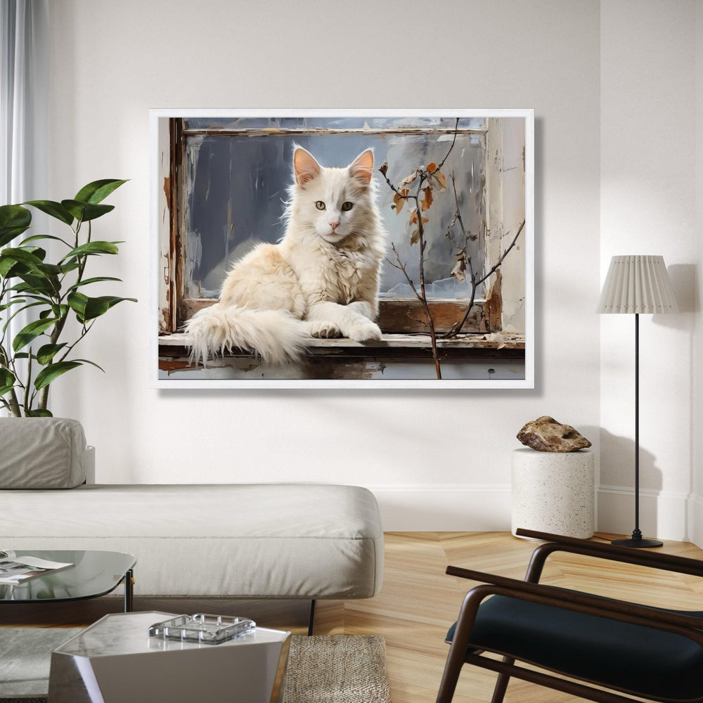 Elegant White Cat on Vintage Window Canvas, Cozy Home Decor, Pet Animal Wall Art, Rustic Charm Canvas, Living Gift Art, Home Decor, Print