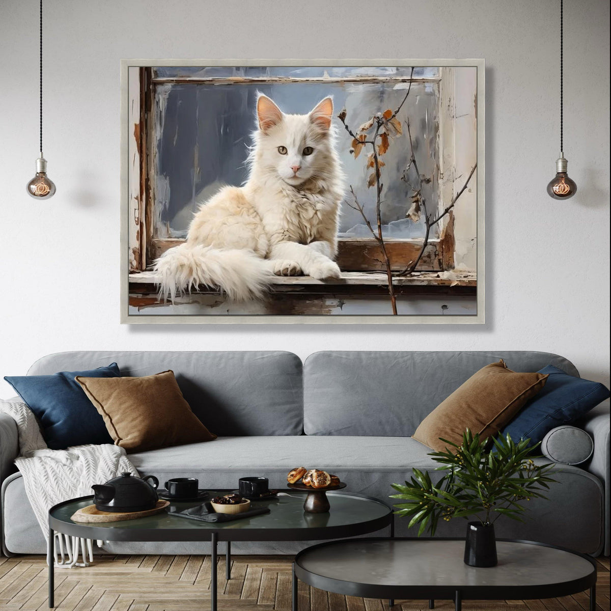 Elegant White Cat on Vintage Window Canvas, Cozy Home Decor, Pet Animal Wall Art, Rustic Charm Canvas, Living Gift Art, Home Decor, Print