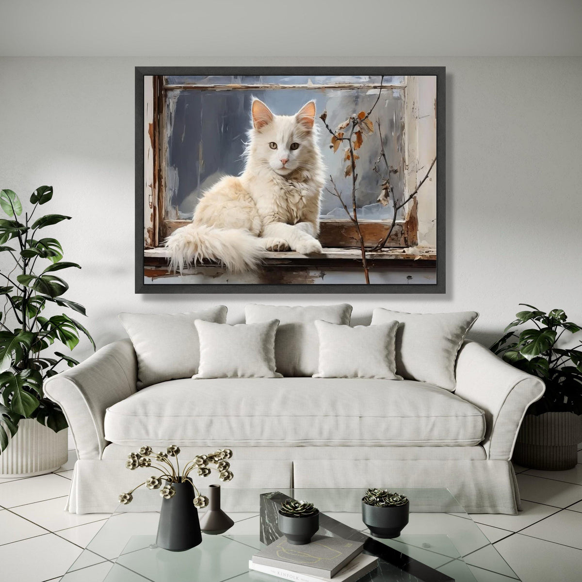 Elegant White Cat on Vintage Window Canvas, Cozy Home Decor, Pet Animal Wall Art, Rustic Charm Canvas, Living Gift Art, Home Decor, Print