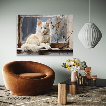 Elegant White Cat on Vintage Window Canvas, Cozy Home Decor, Pet Animal Wall Art, Rustic Charm Canvas, Living Gift Art, Home Decor, Print
