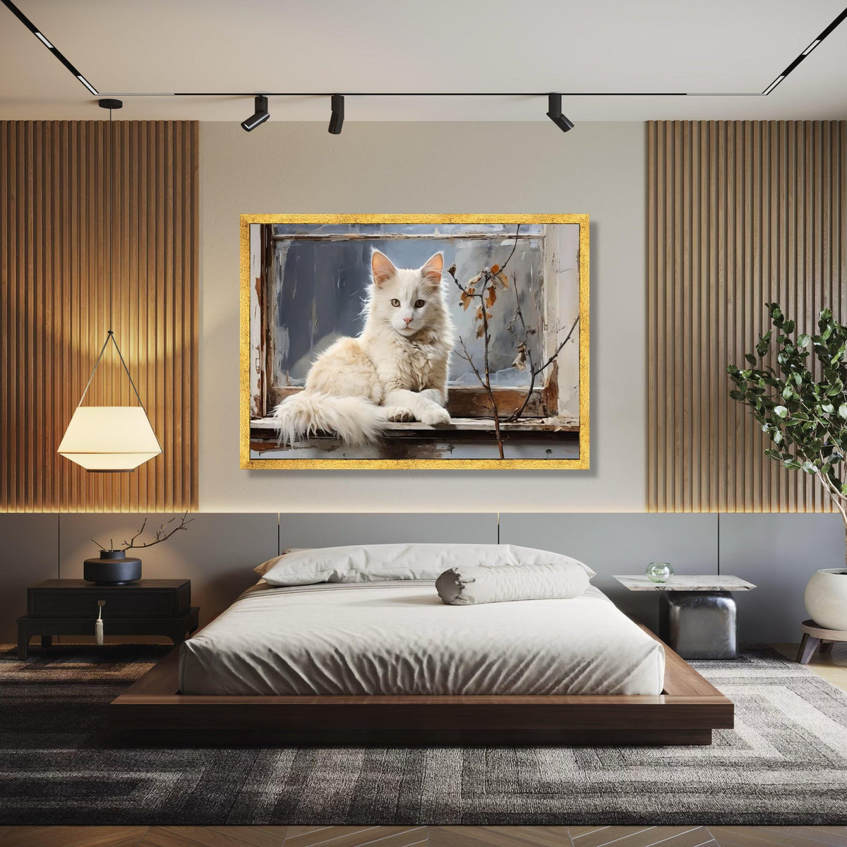 Elegant White Cat on Vintage Window Canvas, Cozy Home Decor, Pet Animal Wall Art, Rustic Charm Canvas, Living Gift Art, Home Decor, Print