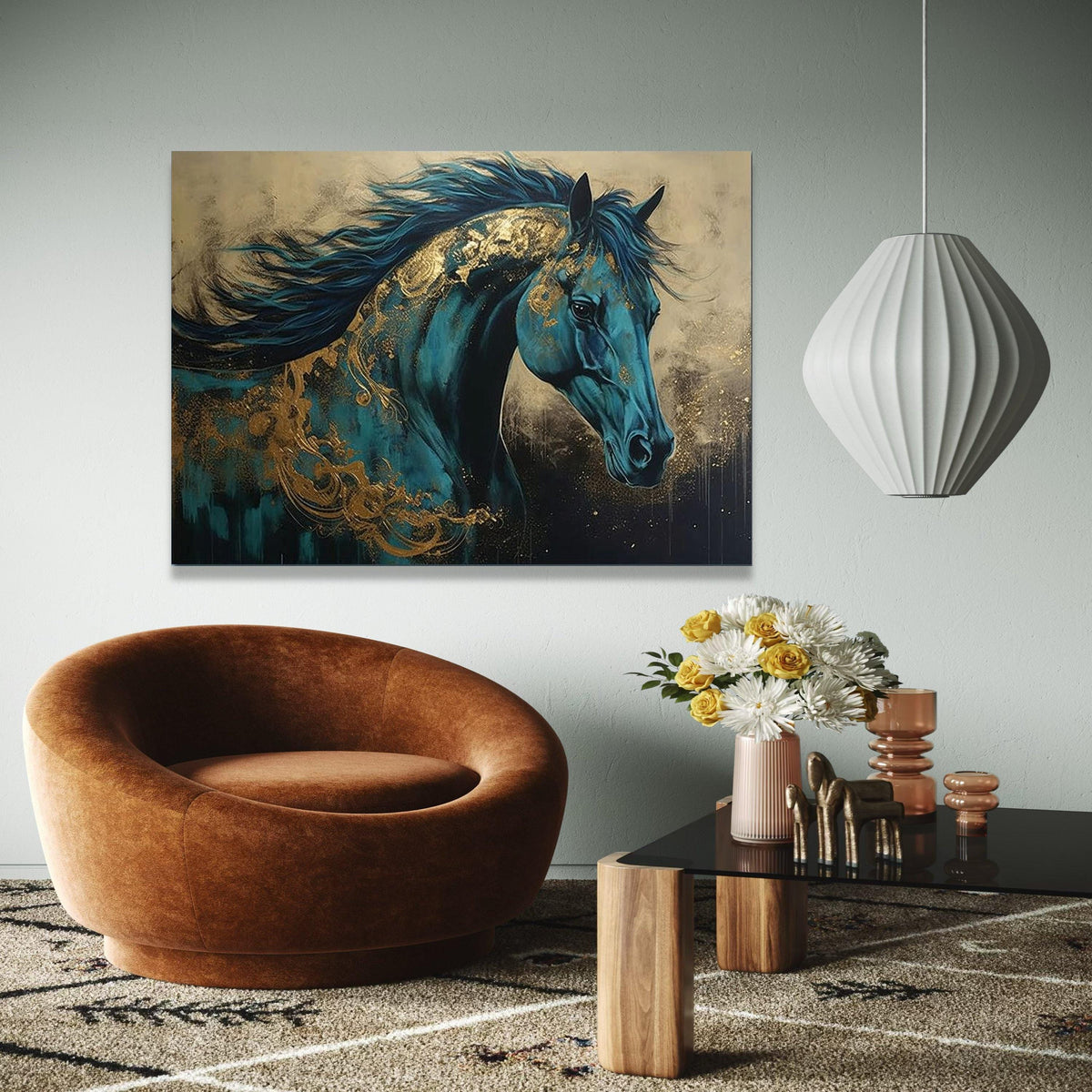 Majestic Blue Horse Canvas, Abstract Equine Wall Art, Gold Accents Painting, Contemporary Animal Canvas, Elegant Gift Art, Home Decor, Print
