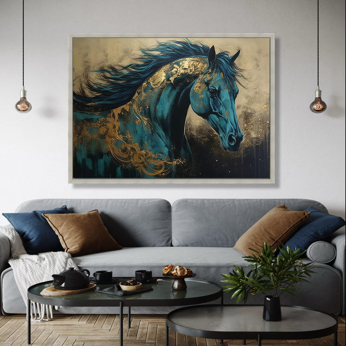 Majestic Blue Horse Canvas, Abstract Equine Wall Art, Gold Accents Painting, Contemporary Animal Canvas, Elegant Gift Art, Home Decor, Print