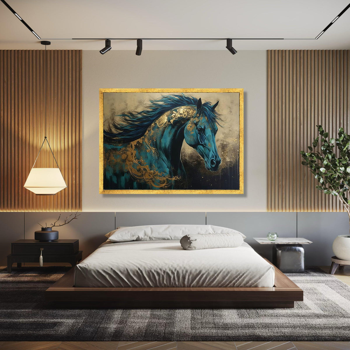 Majestic Blue Horse Canvas, Abstract Equine Wall Art, Gold Accents Painting, Contemporary Animal Canvas, Elegant Gift Art, Home Decor, Print