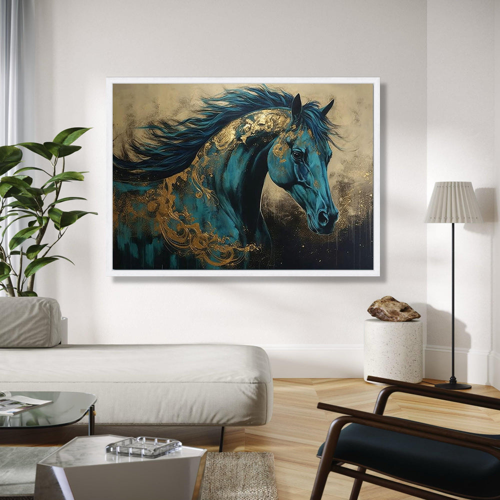 Majestic Blue Horse Canvas, Abstract Equine Wall Art, Gold Accents Painting, Contemporary Animal Canvas, Elegant Gift Art, Home Decor, Print