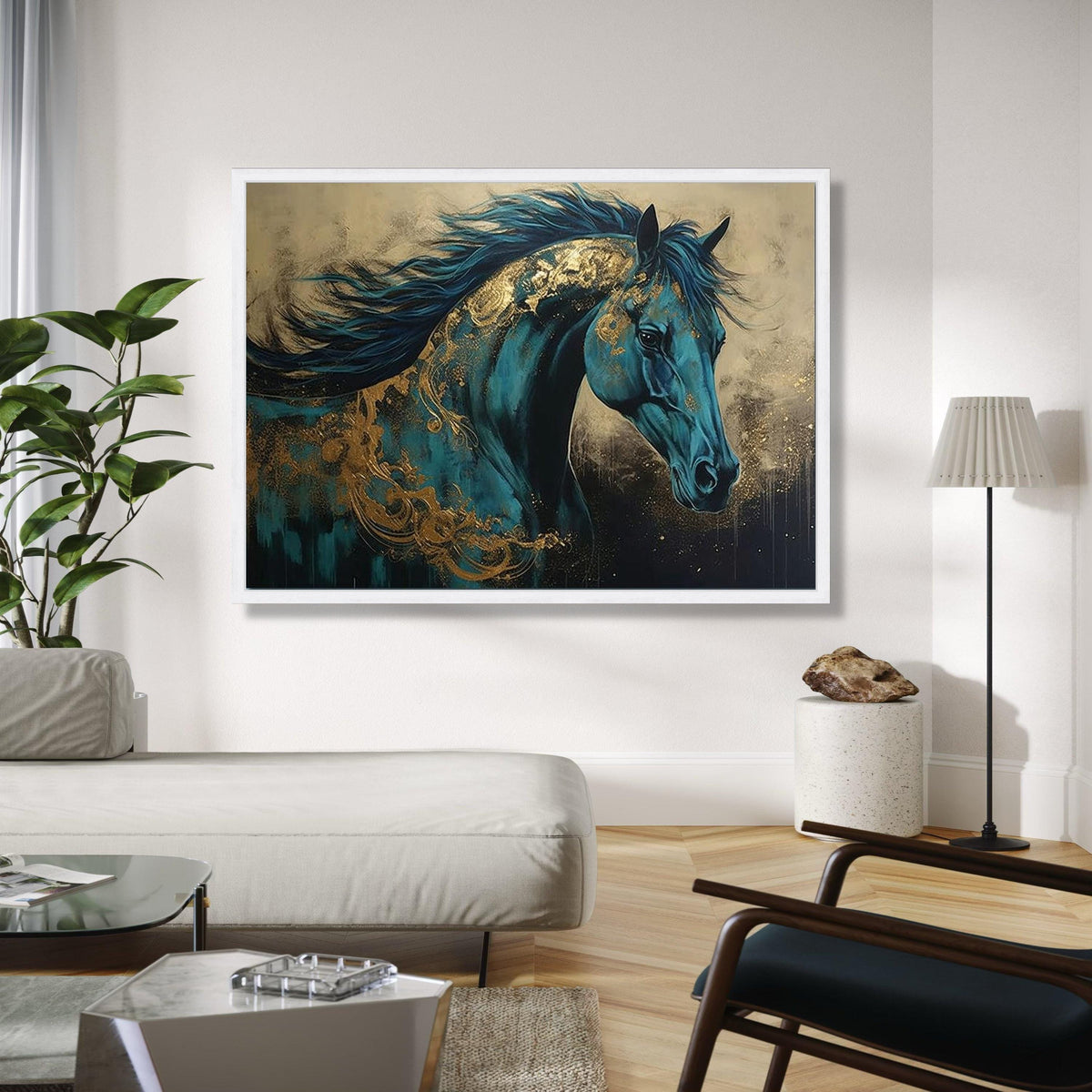 Majestic Blue Horse Canvas, Abstract Equine Wall Art, Gold Accents Painting, Contemporary Animal Canvas, Elegant Gift Art, Home Decor, Print
