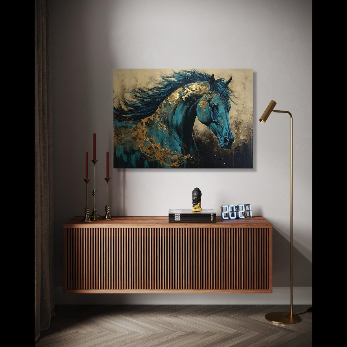 Majestic Blue Horse Canvas, Abstract Equine Wall Art, Gold Accents Painting, Contemporary Animal Canvas, Elegant Gift Art, Home Decor, Print