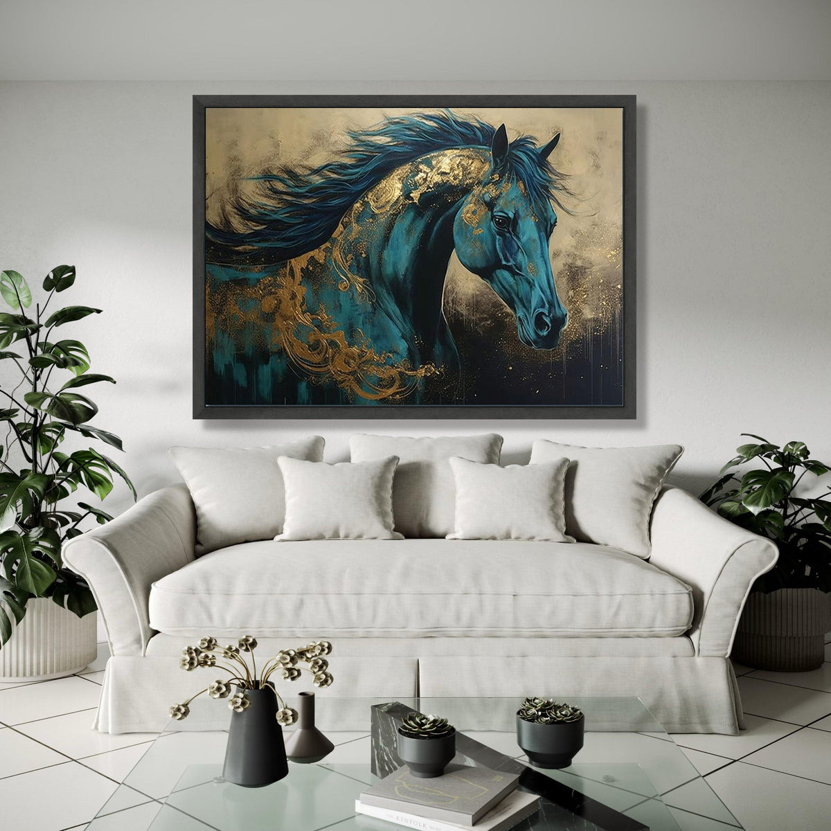 Majestic Blue Horse Canvas, Abstract Equine Wall Art, Gold Accents Painting, Contemporary Animal Canvas, Elegant Gift Art, Home Decor, Print