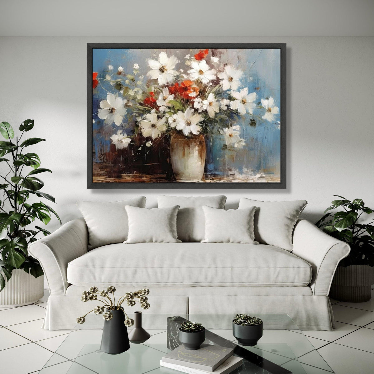 White and Red Floral Bouquet Canvas Wall Art, Rustic Vase Painting, Abstract Flower Canvas, Home Decor Wall Art, Gift Art, Home Decor, Print