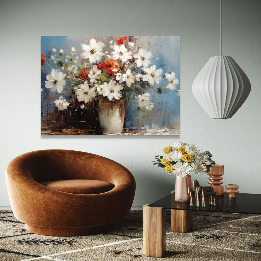 White and Red Floral Bouquet Canvas Wall Art, Rustic Vase Painting, Abstract Flower Canvas, Home Decor Wall Art, Gift Art, Home Decor, Print