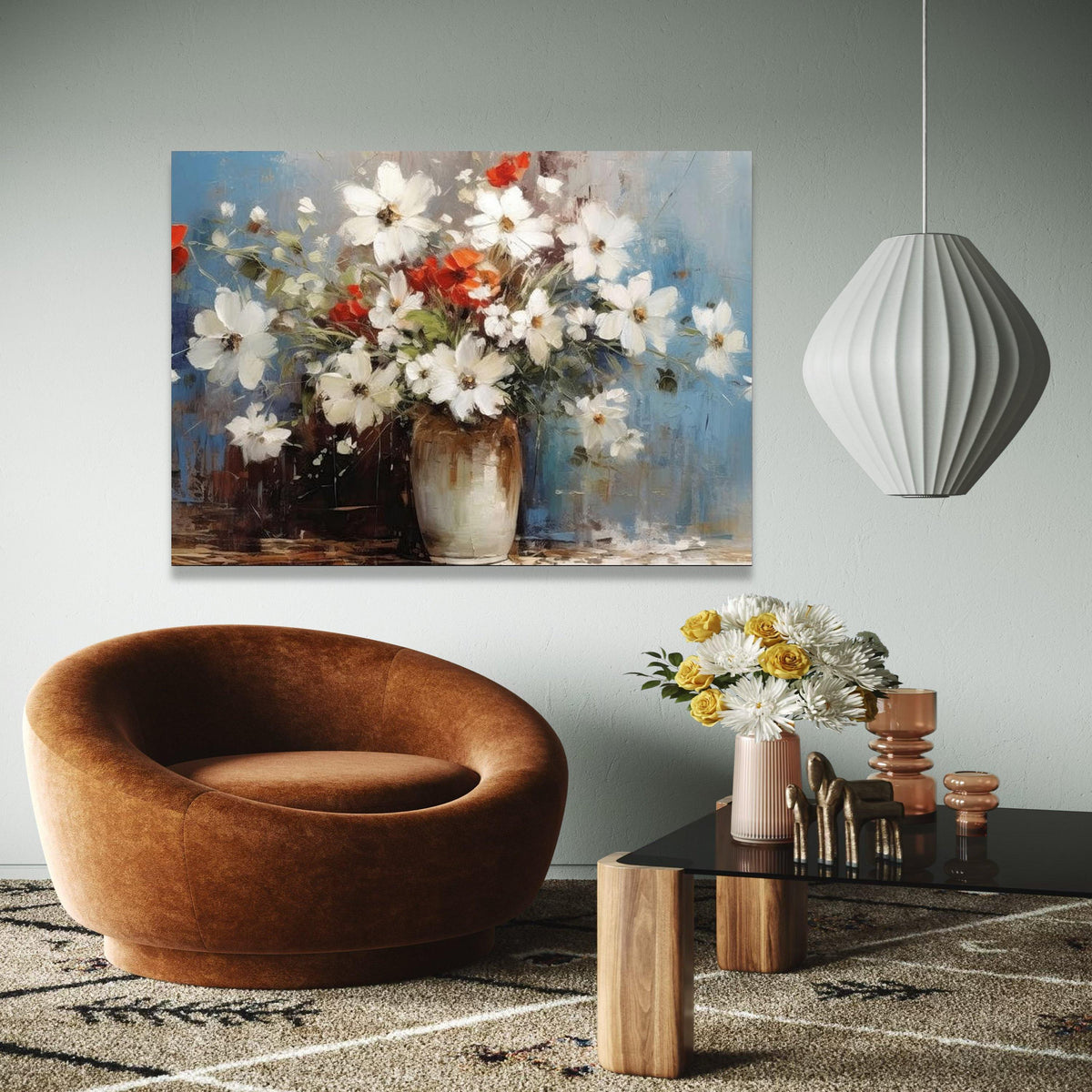 White and Red Floral Bouquet Canvas Wall Art, Rustic Vase Painting, Abstract Flower Canvas, Home Decor Wall Art, Gift Art, Home Decor, Print
