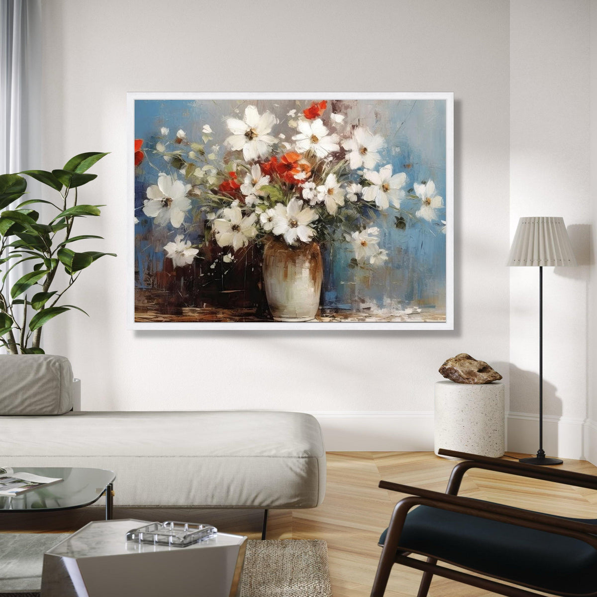 White and Red Floral Bouquet Canvas Wall Art, Rustic Vase Painting, Abstract Flower Canvas, Home Decor Wall Art, Gift Art, Home Decor, Print