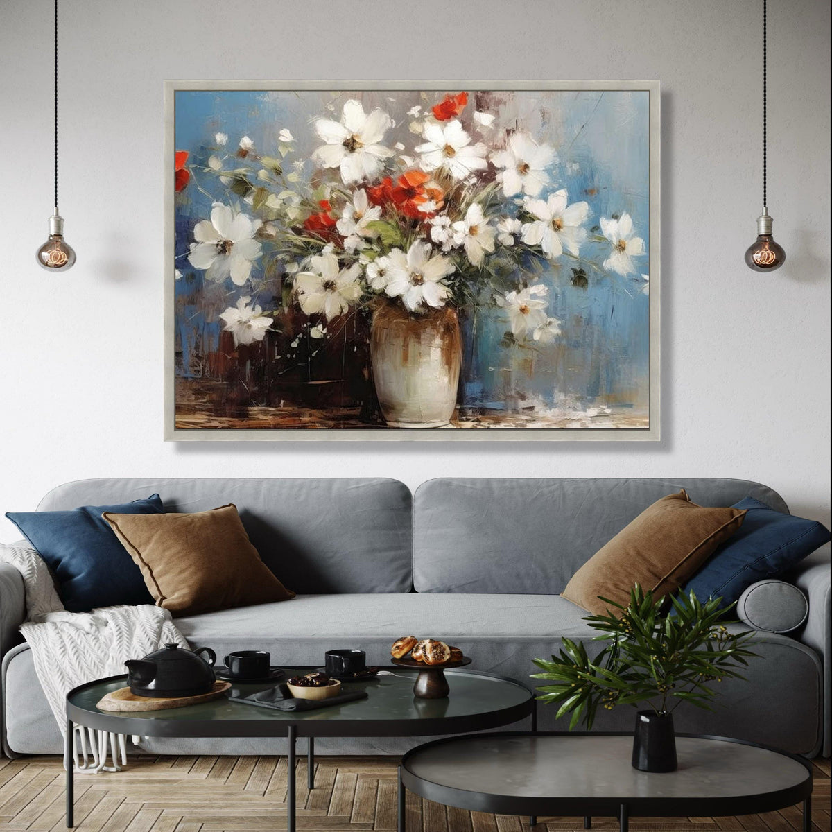 White and Red Floral Bouquet Canvas Wall Art, Rustic Vase Painting, Abstract Flower Canvas, Home Decor Wall Art, Gift Art, Home Decor, Print