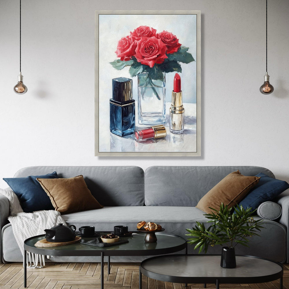 Red Roses with Lipstick Canvas, Floral Beauty Wall Art, Makeup Still Life Painting, Elegant Home Decor, Ready to Gift Art, Home Decor, Print