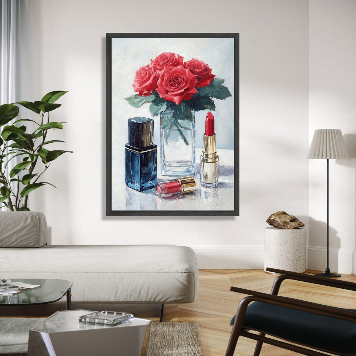 Red Roses with Lipstick Canvas, Floral Beauty Wall Art, Makeup Still Life Painting, Elegant Home Decor, Ready to Gift Art, Home Decor, Print