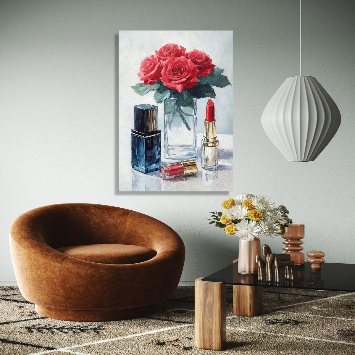 Red Roses with Lipstick Canvas, Floral Beauty Wall Art, Makeup Still Life Painting, Elegant Home Decor, Ready to Gift Art, Home Decor, Print