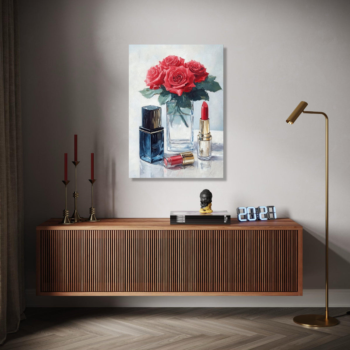 Red Roses with Lipstick Canvas, Floral Beauty Wall Art, Makeup Still Life Painting, Elegant Home Decor, Ready to Gift Art, Home Decor, Print