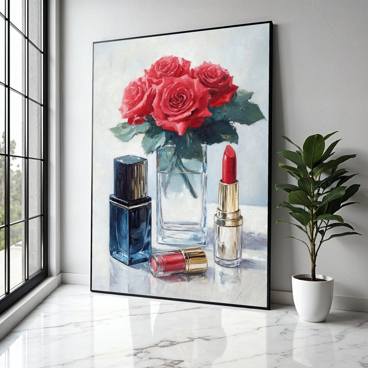 Red Roses with Lipstick Canvas, Floral Beauty Wall Art, Makeup Still Life Painting, Elegant Home Decor, Ready to Gift Art, Home Decor, Print
