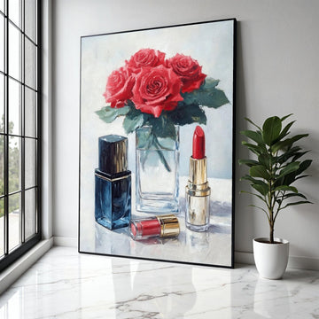 Red Roses with Lipstick Canvas, Floral Beauty Wall Art, Makeup Still Life Painting, Elegant Home Decor, Ready to Gift Art, Home Decor, Print