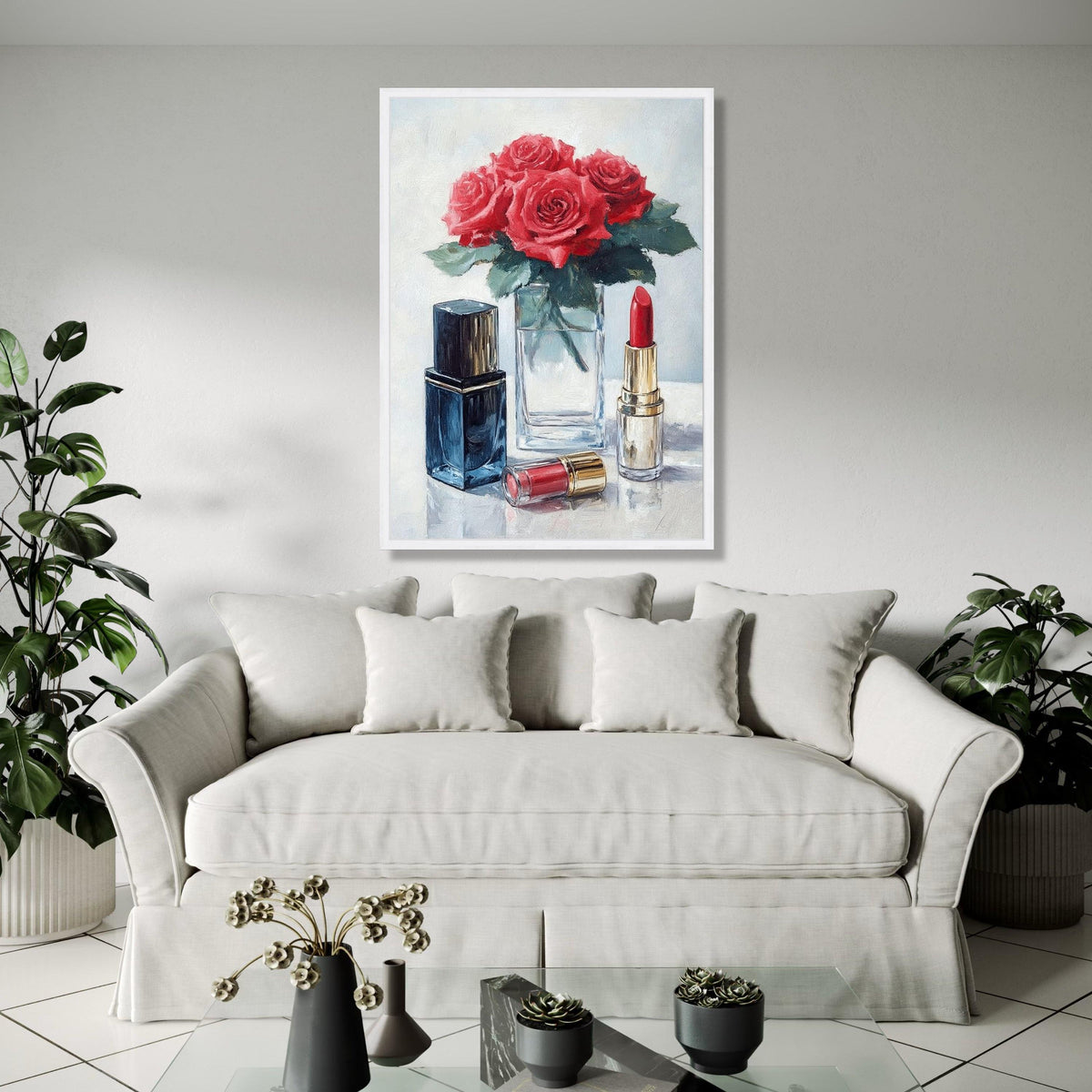 Red Roses with Lipstick Canvas, Floral Beauty Wall Art, Makeup Still Life Painting, Elegant Home Decor, Ready to Gift Art, Home Decor, Print