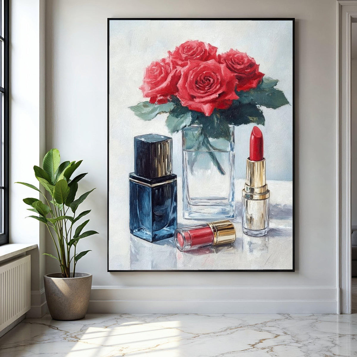 Red Roses with Lipstick Canvas, Floral Beauty Wall Art, Makeup Still Life Painting, Elegant Home Decor, Ready to Gift Art, Home Decor, Print