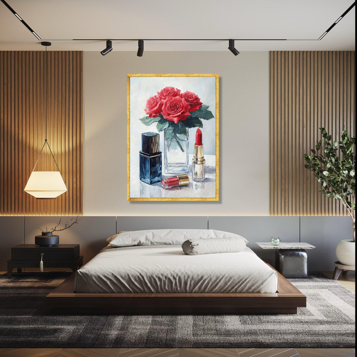 Red Roses with Lipstick Canvas, Floral Beauty Wall Art, Makeup Still Life Painting, Elegant Home Decor, Ready to Gift Art, Home Decor, Print