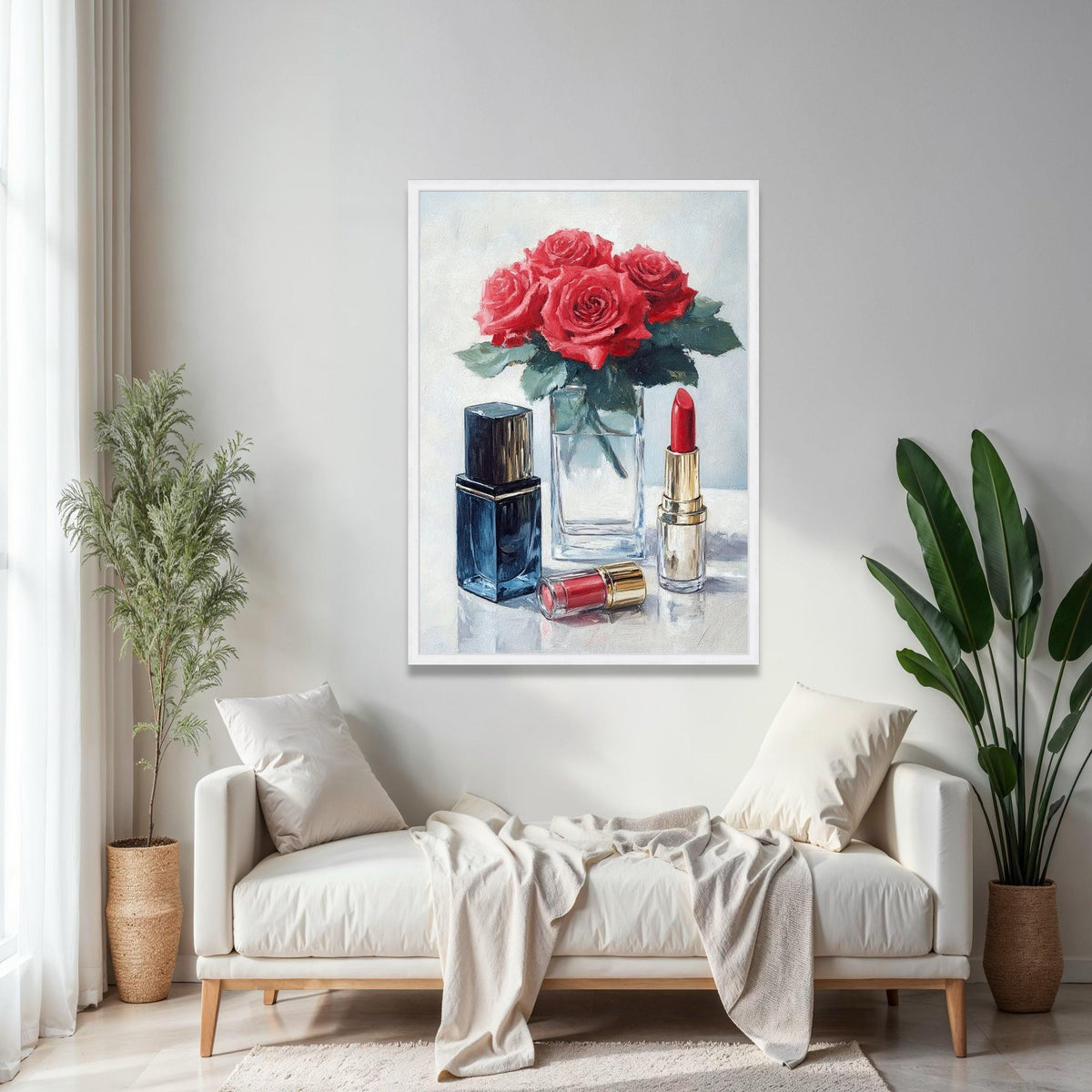 Red Roses with Lipstick Canvas, Floral Beauty Wall Art, Makeup Still Life Painting, Elegant Home Decor, Ready to Gift Art, Home Decor, Print