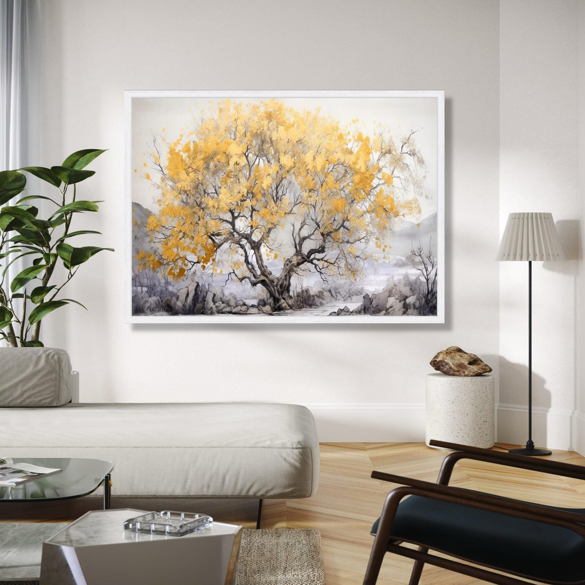 Golden Autumn Tree Canvas Wall Art, Nature Landscape Painting, Serene Forest Scene, Yellow Leaves Tree Artwork, Gift Art, Home Decor, Print