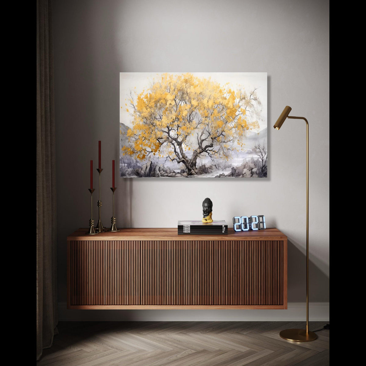 Golden Autumn Tree Canvas Wall Art, Nature Landscape Painting, Serene Forest Scene, Yellow Leaves Tree Artwork, Gift Art, Home Decor, Print