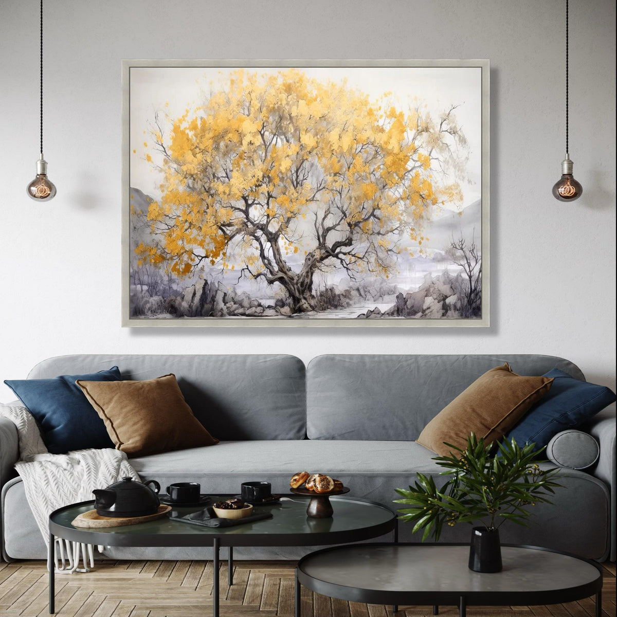 Golden Autumn Tree Canvas Wall Art, Nature Landscape Painting, Serene Forest Scene, Yellow Leaves Tree Artwork, Gift Art, Home Decor, Print