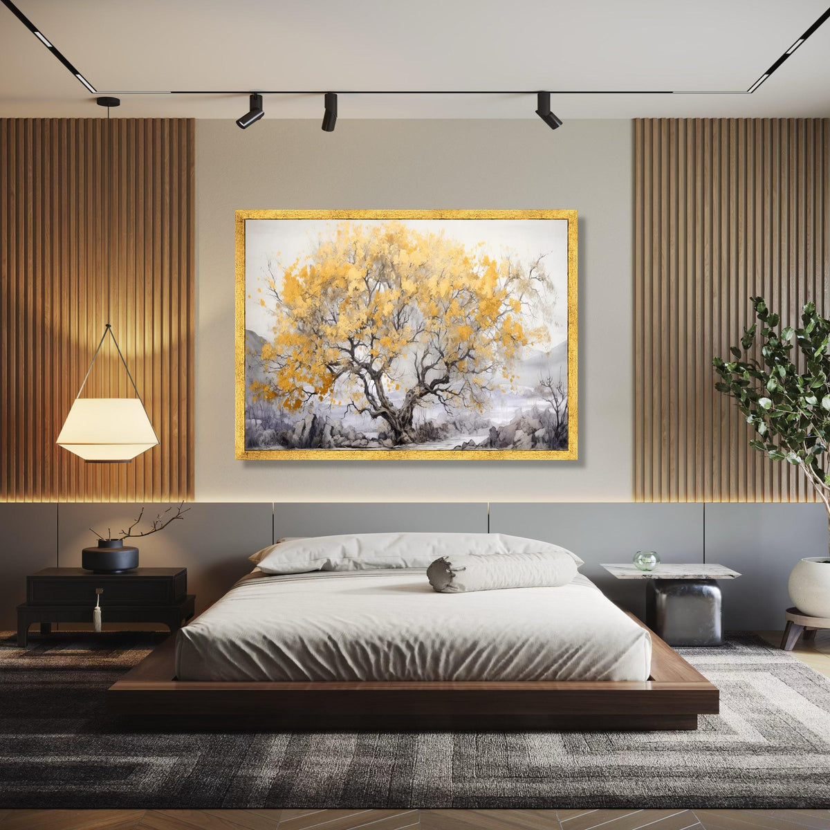 Golden Autumn Tree Canvas Wall Art, Nature Landscape Painting, Serene Forest Scene, Yellow Leaves Tree Artwork, Gift Art, Home Decor, Print