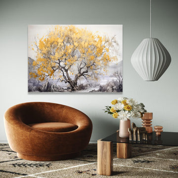 Golden Autumn Tree Canvas Wall Art, Nature Landscape Painting, Serene Forest Scene, Yellow Leaves Tree Artwork, Gift Art, Home Decor, Print