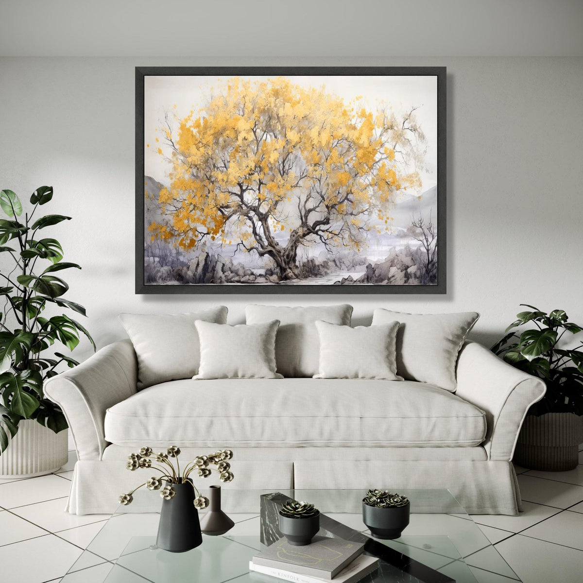 Golden Autumn Tree Canvas Wall Art, Nature Landscape Painting, Serene Forest Scene, Yellow Leaves Tree Artwork, Gift Art, Home Decor, Print