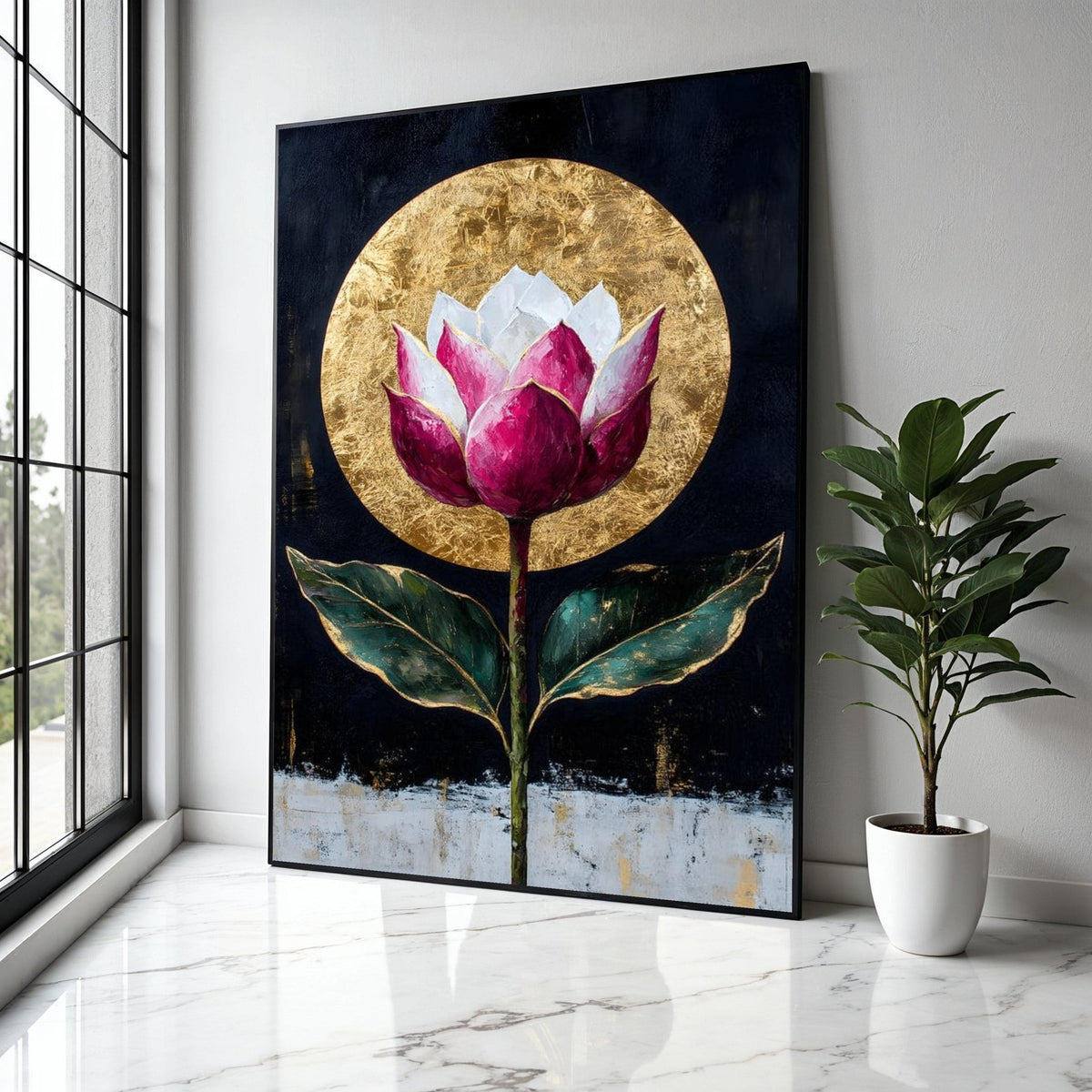 Elegant Lotus Flower Canvas, Gold Leaf Circle Wall Art, Modern Floral Painting, Botanical Canvas, Home Decor Gift Art, Home Decor, Print