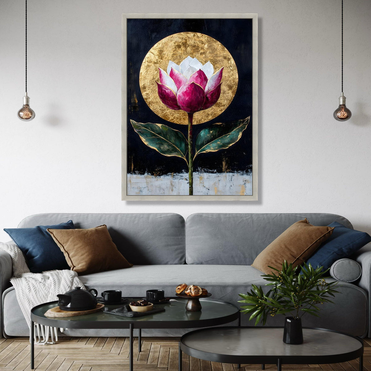 Elegant Lotus Flower Canvas, Gold Leaf Circle Wall Art, Modern Floral Painting, Botanical Canvas, Home Decor Gift Art, Home Decor, Print