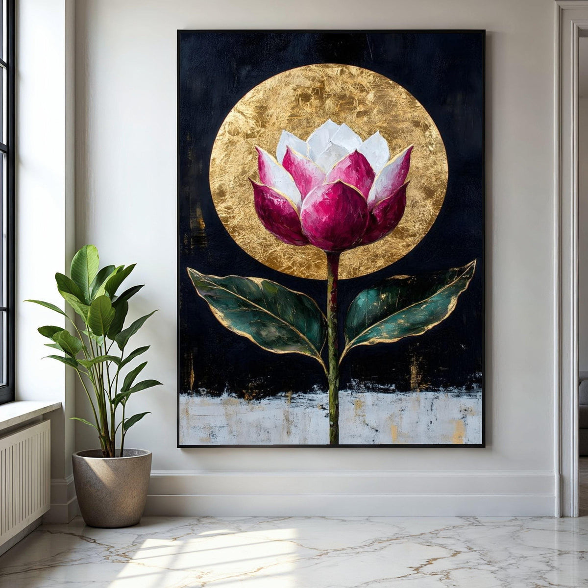 Elegant Lotus Flower Canvas, Gold Leaf Circle Wall Art, Modern Floral Painting, Botanical Canvas, Home Decor Gift Art, Home Decor, Print