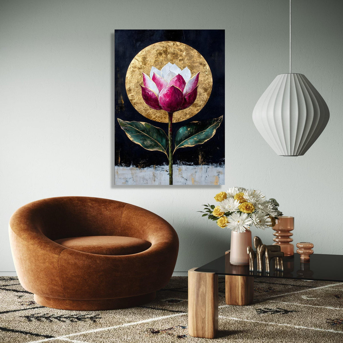 Elegant Lotus Flower Canvas, Gold Leaf Circle Wall Art, Modern Floral Painting, Botanical Canvas, Home Decor Gift Art, Home Decor, Print