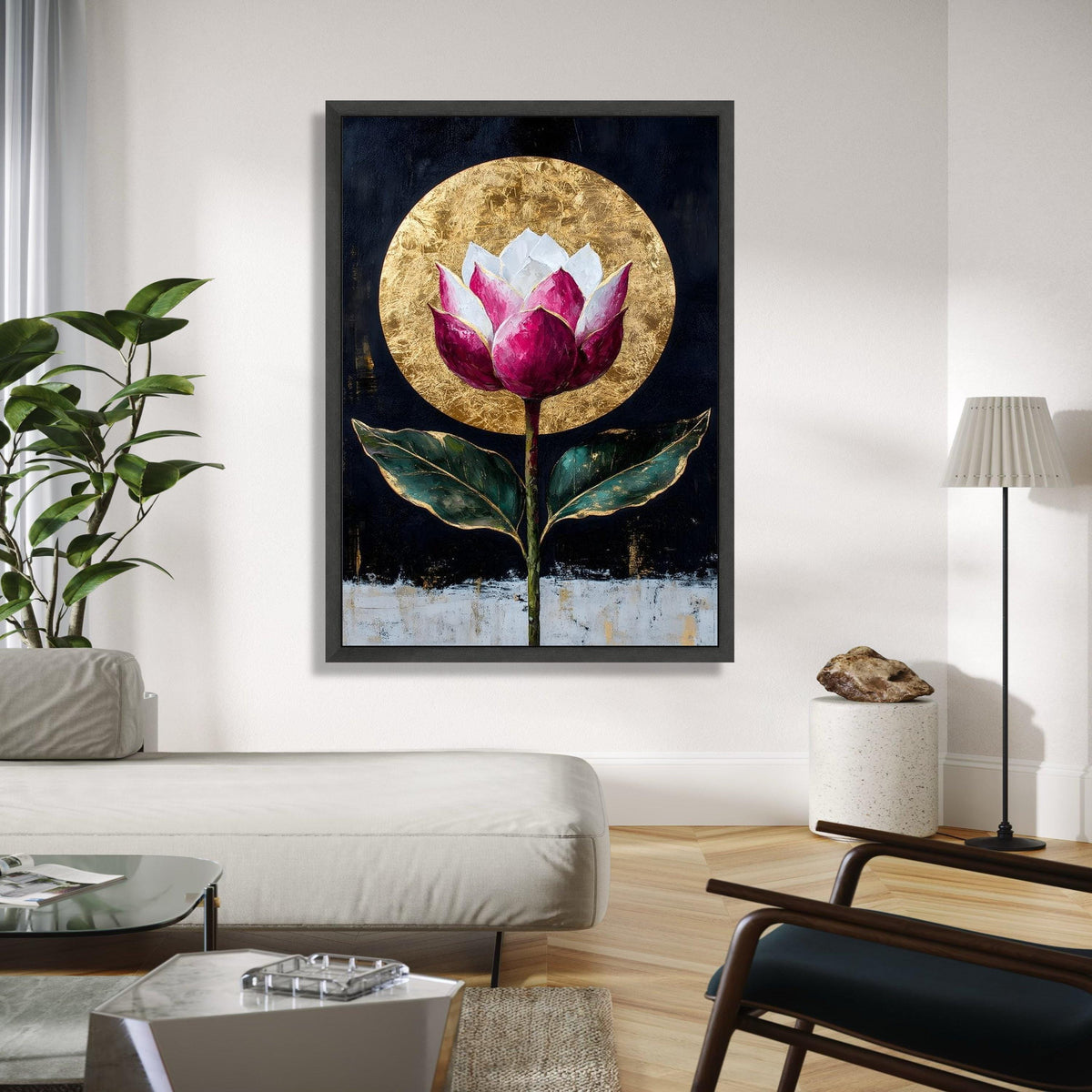 Elegant Lotus Flower Canvas, Gold Leaf Circle Wall Art, Modern Floral Painting, Botanical Canvas, Home Decor Gift Art, Home Decor, Print