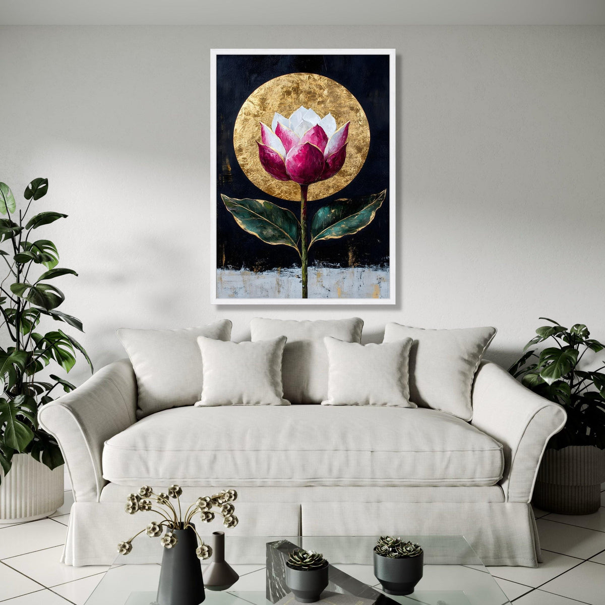 Elegant Lotus Flower Canvas, Gold Leaf Circle Wall Art, Modern Floral Painting, Botanical Canvas, Home Decor Gift Art, Home Decor, Print
